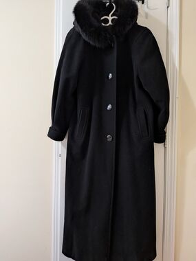 Black Wool Trench Coat with Faux Fur Collar